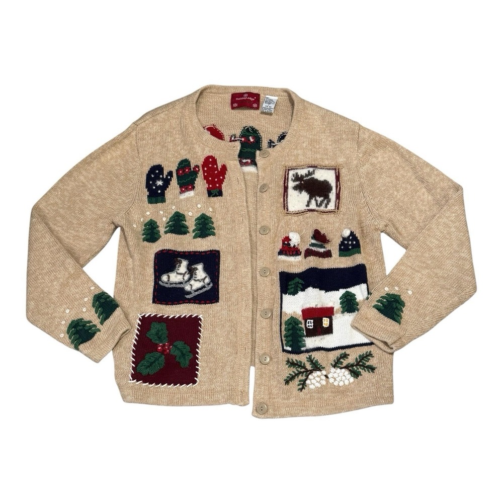 Vintage Y2K Northcrest Holiday Lodge Patchwork Cardigan Sweater Sz LG Northcrest